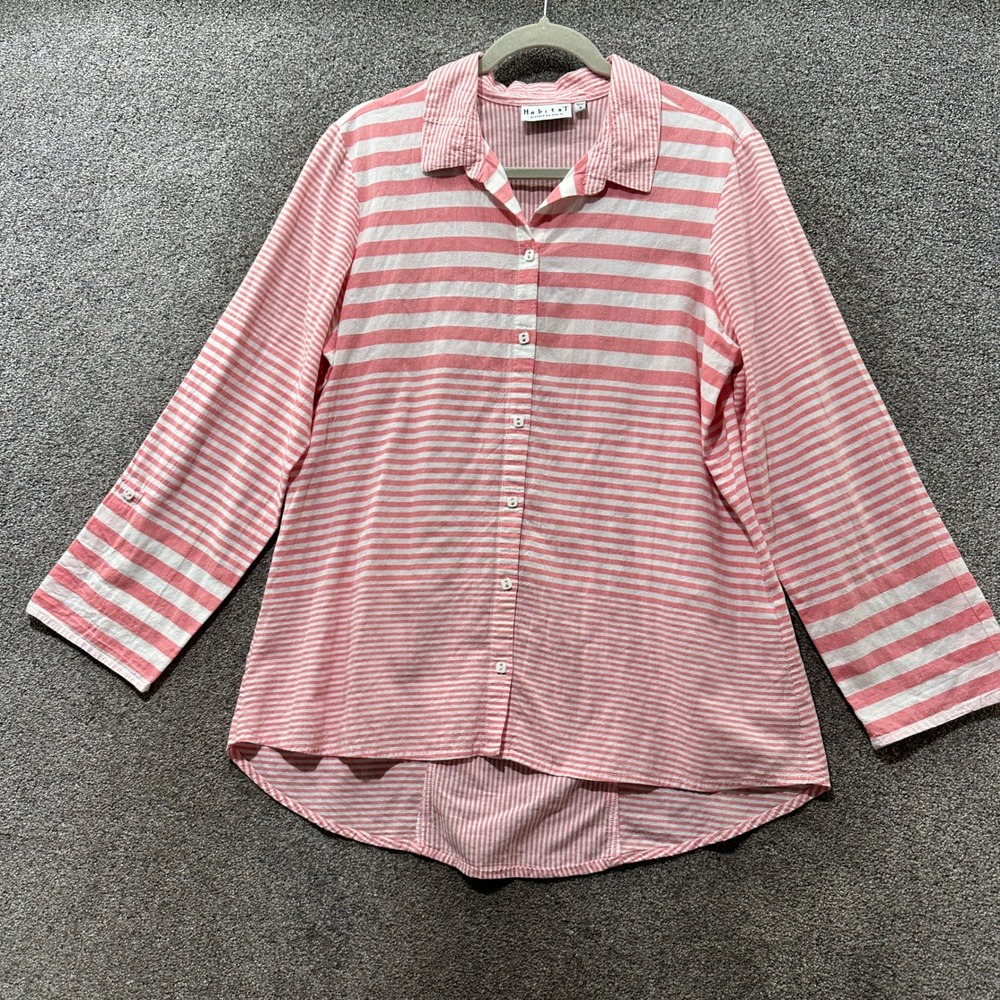 Habitat Womens Pink White Striped Roll Tab Button Up Shirt Medium